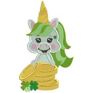 Lucky Unicorn With Gold Coins St. Patrick's Day Filled Machine Embroidery Design Digitized Pattern
